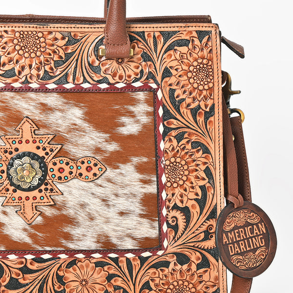 ADBGA980 American Darling Western Hand Tooled Floral Tote Bag with Hair-On Cowhide & Concho
