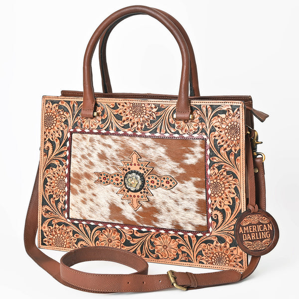 ADBGA980 American Darling Western Hand Tooled Floral Tote Bag with Hair-On Cowhide & Concho