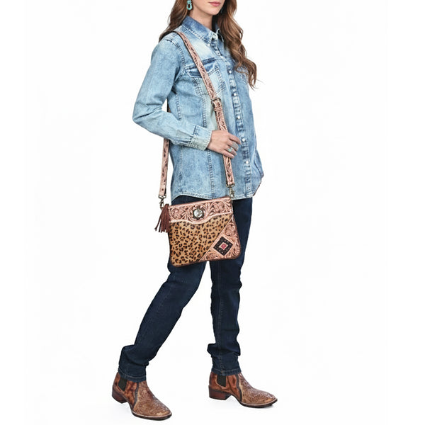 ADBGA981 American Darling Western Hand Tooled Floral Cross body Bag - hair-on Cowhide