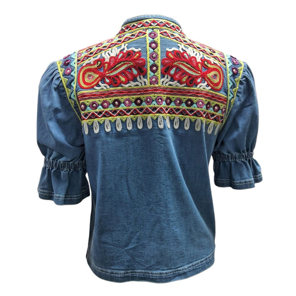 ADJKT090 American Darling Embroidered Denim Fabric Short Sleeve Zip Apparel Jacket