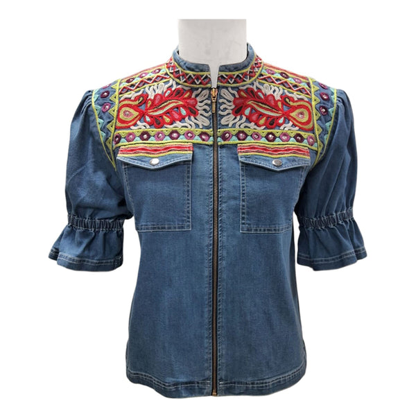 ADJKT090 American Darling Embroidered Denim Fabric Short Sleeve Zip Apparel Jacket