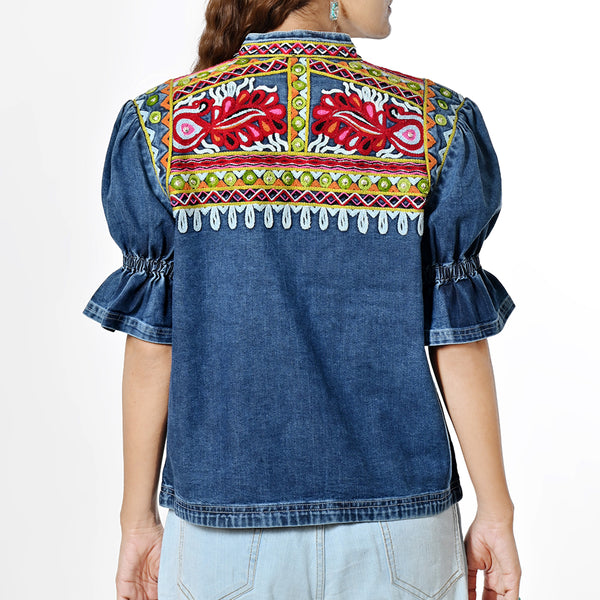 ADJKT091 American Darling Embroidered Denim Fabric Short Sleeve Zip Up Apparel Jacket