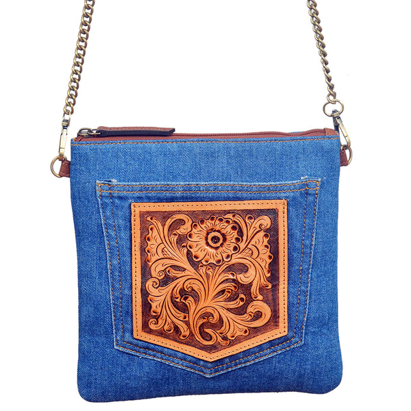 ADBGA1023 Crossbody Hand Tooled Denim Fabric Genuine Leather Women Bag