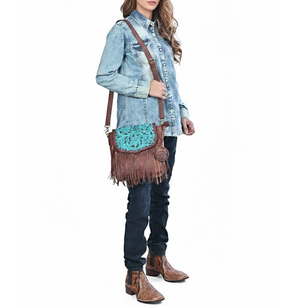 ADBGA1025 American Darling Handcrafted Hand Tooled Leather Western Cross body Bag with Fringes