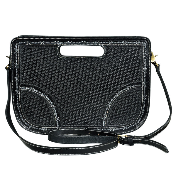 ADBGA1030 American Darling Black Hand-Tooled Basket Weave Leather Crossbody Bag