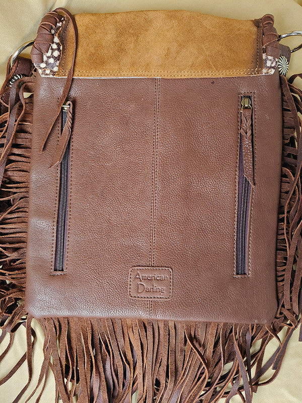 ADBGM477 Cowhide & Leather Western Fringe Messenger Bag - Western Concho Bag with Turquoise Accent