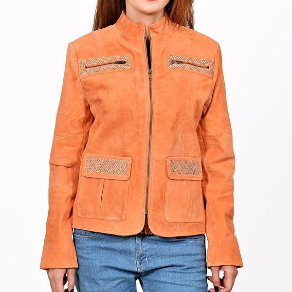 ADJKT108 American Darling Women Orange Leather Rhinestone Studded Jacket