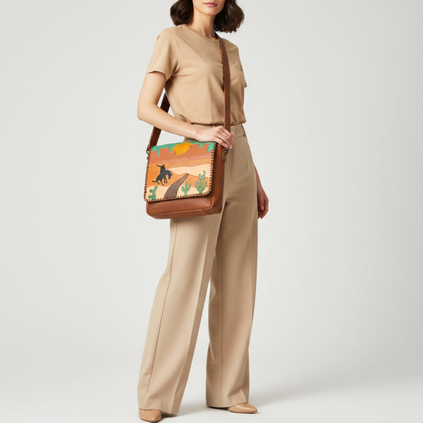 ADBGM882 American Darling Western Leather Messenger Bag with Braided Edge and Hand-Painted Scene