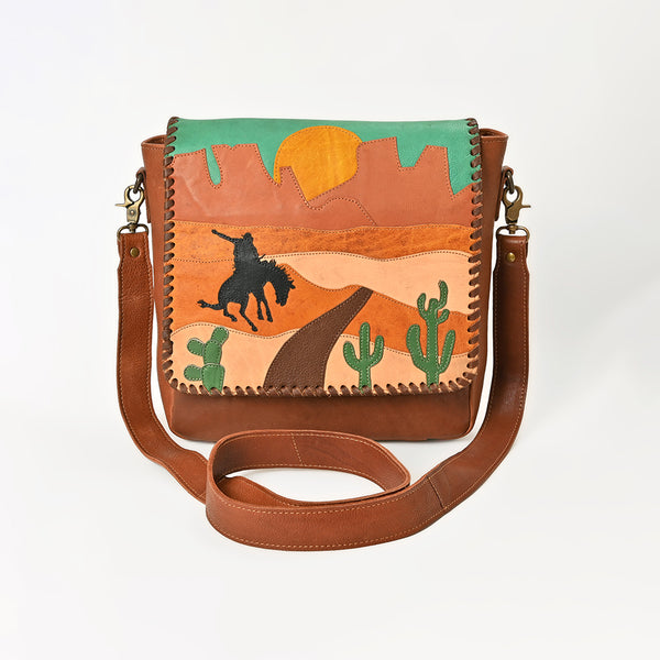 ADBGM882 American Darling Western Leather Messenger Bag with Braided Edge and Hand-Painted Scene