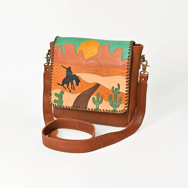 ADBGM882 American Darling Western Leather Messenger Bag with Braided Edge and Hand-Painted Scene