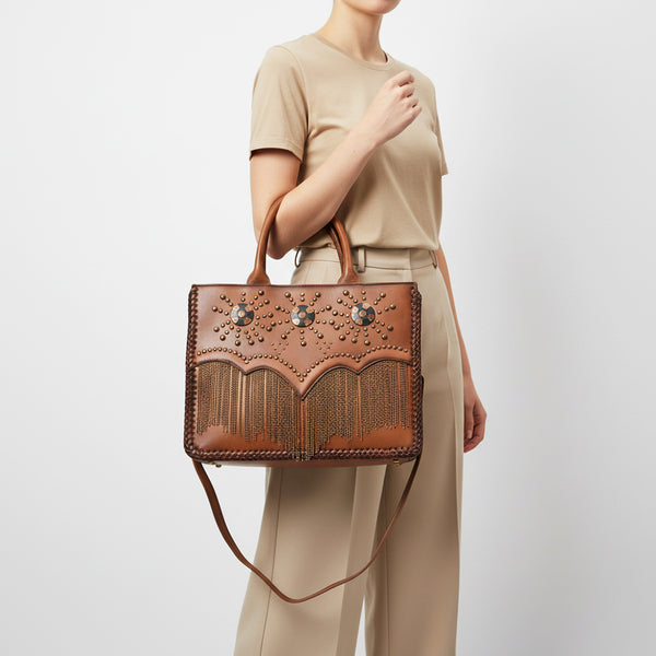 ADBGM886 American Darling Genuine Leather Studded Fringe Tote Bag