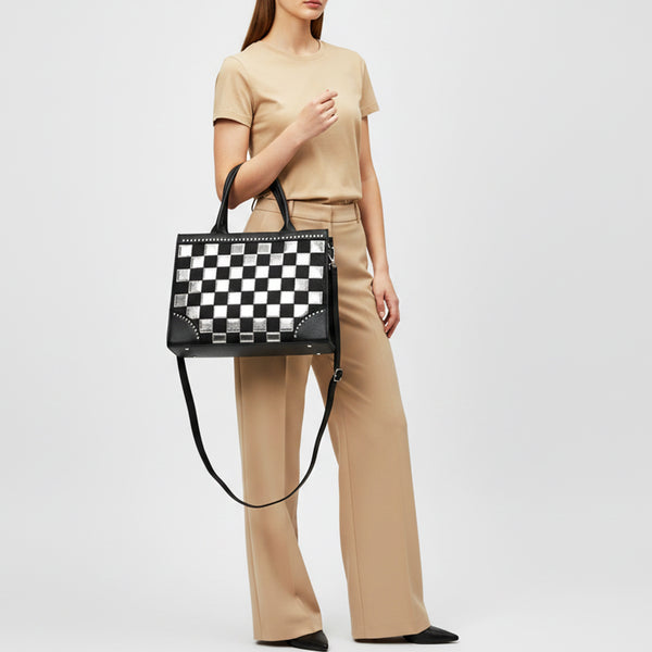 ADBGM937 American Darling Black Leather Metallic Checkered Studded Tote Bag