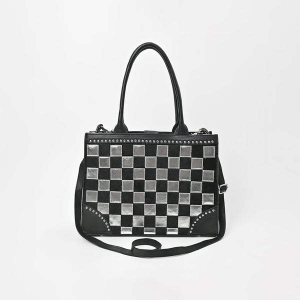 ADBGM937 American Darling Black Leather Metallic Checkered Studded Tote Bag