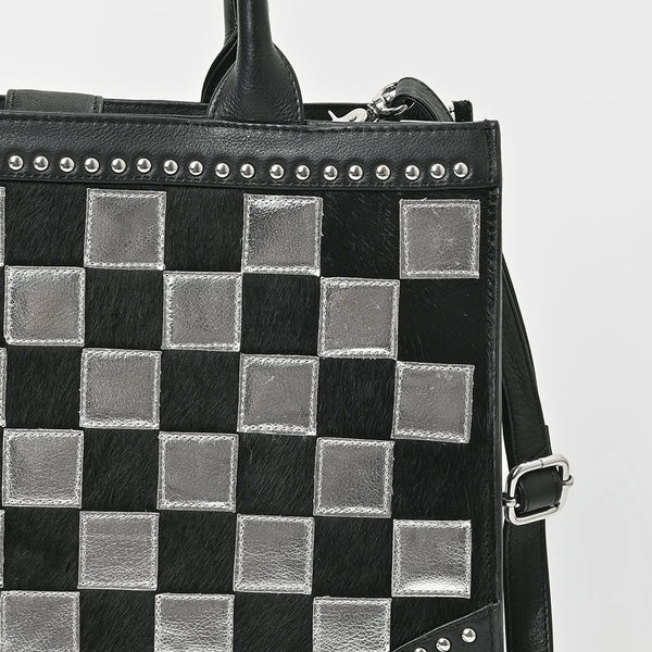 ADBGM937 American Darling Black Leather Metallic Checkered Studded Tote Bag