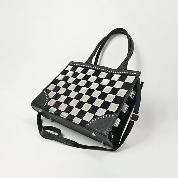 ADBGM937 American Darling Black Leather Metallic Checkered Studded Tote Bag