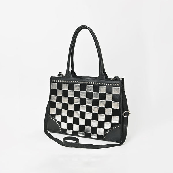 ADBGM937 American Darling Black Leather Metallic Checkered Studded Tote Bag
