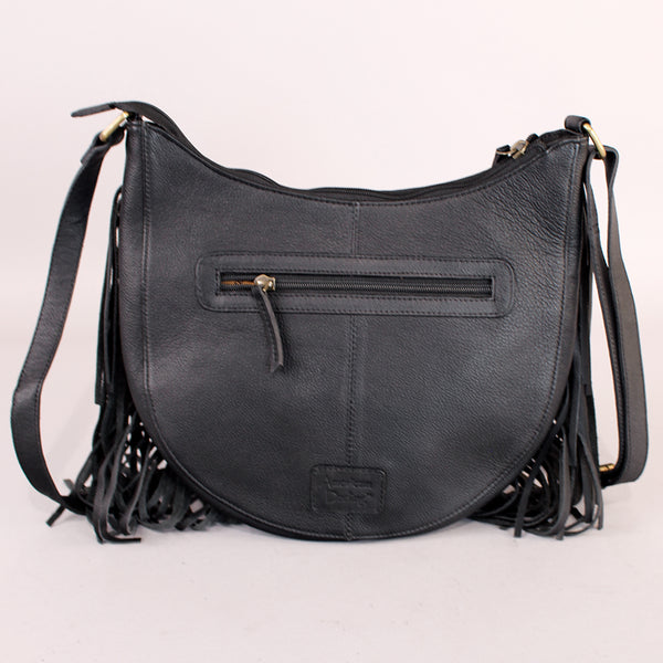 Midnight Rodeo Black Grain Leather Frindged Crossbody Bag