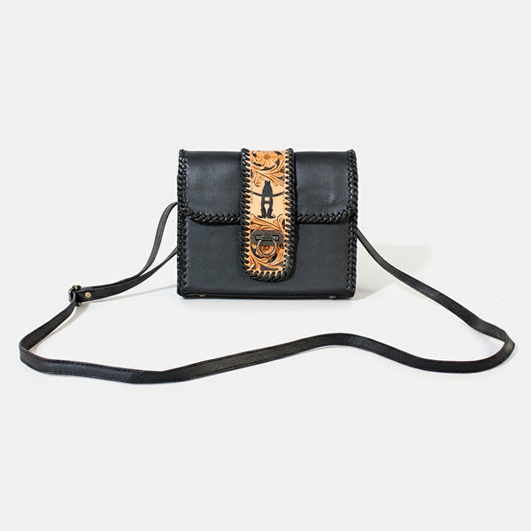 Laurel Rodeo Genuine Hand Tooled Black Leather Crossbody Bag