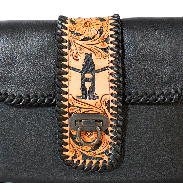 Laurel Rodeo Genuine Hand Tooled Black Leather Crossbody Bag