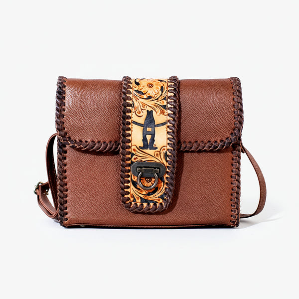 Laurel Rodeo Genuine Hand Tooled Brown Leather Crossbody Bag