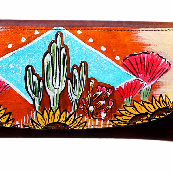 ADBGM112HP13 Hand-Painted LeatherWallet Crossbody Bag - Southwestern Desert Cactus & Sunflower Purse