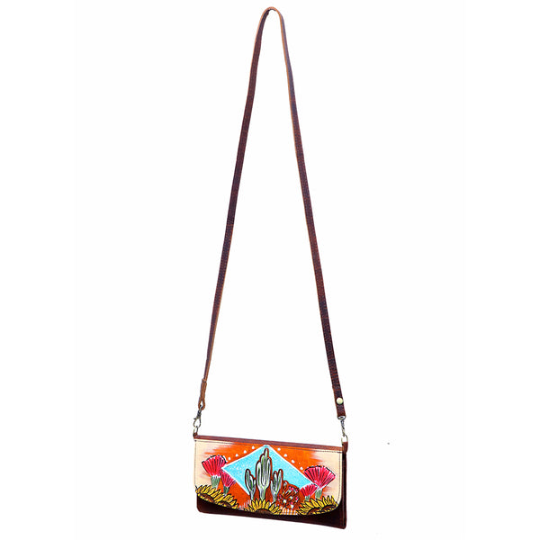 ADBGM112HP13 Hand-Painted LeatherWallet Crossbody Bag - Southwestern Desert Cactus & Sunflower Purse