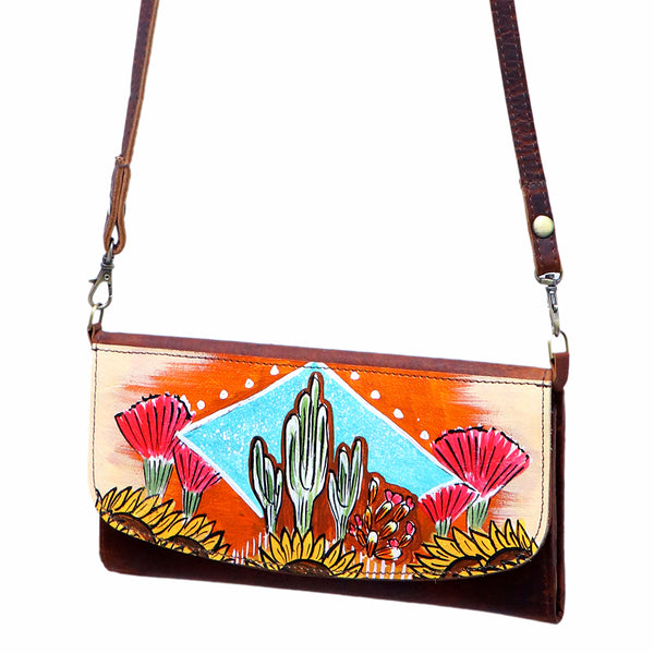 ADBGM112HP13 Hand-Painted LeatherWallet Crossbody Bag - Southwestern Desert Cactus & Sunflower Purse