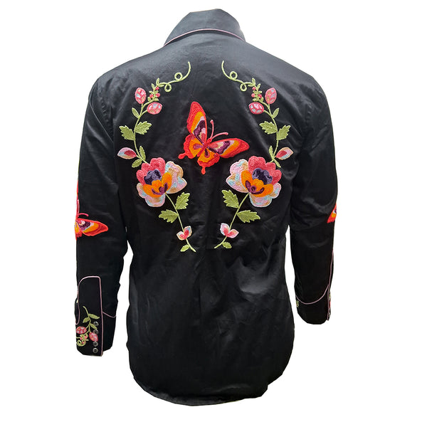 ADSH068 American Darling Black Western Apparel - Embroidered Satin Cotton Floral Butterfly Shirt
