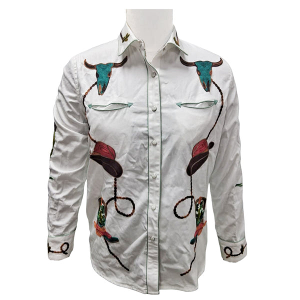 ADSH070 American Darling White Western Apparel - Embroidered 100% Twill Cotton Longhorn Top