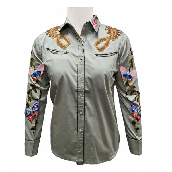 ADSH048 American Darling Saga Green Western Apparel - Embroidered Cotton Satin Butterfly Shirt