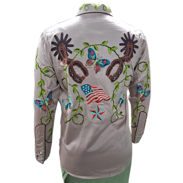 ADSH049 American Darling Light Mauve Western Apparel - Embroidered Cotton Satin Butterfly Shirt