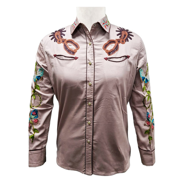 ADSH049 American Darling Light Mauve Western Apparel - Embroidered Cotton Satin Butterfly Shirt