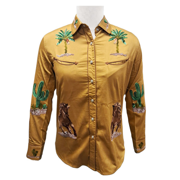 ADSH050 American Darling Mustard Western Apparel - Embroidered Cotton Satin Horse Motif Shirt