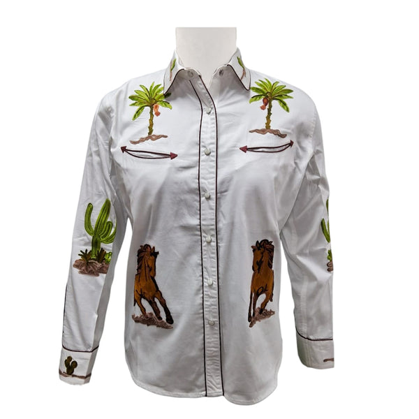 ADSH051 American Darling White Western Apparel - Embroidered Cotton Satin Horse Motif Shirt