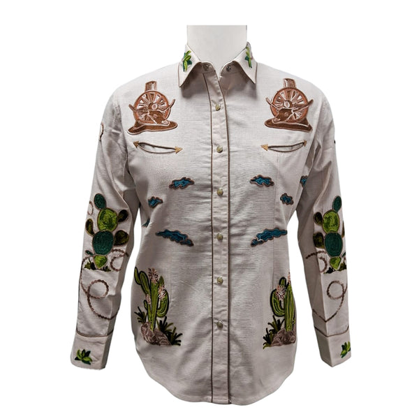 ADSH053 American Darling Light Beige Western Apparel - Embroidered Cotton Linen Desert Motif Shirt