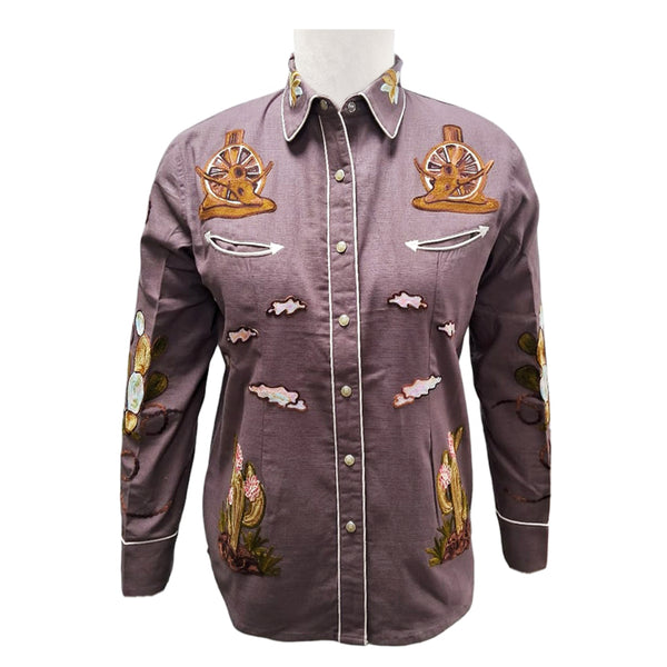 ADSH054 American Darling Plum Western Apparel - Embroidered Cotton Linen Desert Motif Shirt