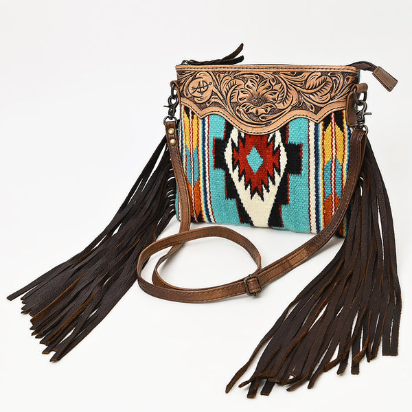 ADBG236 American Darling Woven Saddle Blanket Tooled Leather Fringe Crossbody