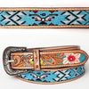 LC-ADBLF144 Southwestern Beaded Leather Belt - Turquoise Thunderbird & Floral Tooled Design