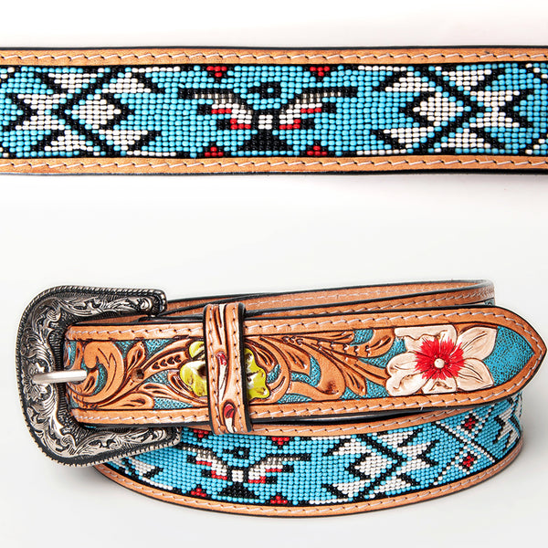 LC-ADBLF144 Southwestern Beaded Leather Belt - Turquoise Thunderbird & Floral Tooled Design