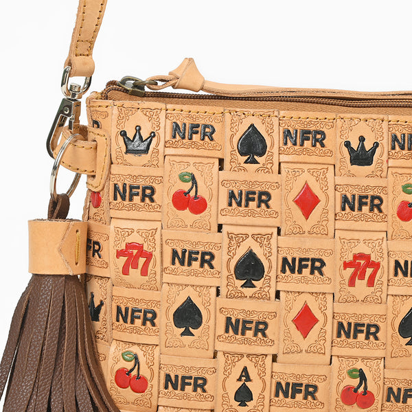 Official PRCA & NFR Licensed Collection® Tooled Leather Side Fringe Tassel & Card Motif Crossbody Handbag