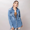 LC-ADSH026 Women's Light Wash Western Denim Shirt with Hand-Tooled Black Backed Floral Leather Yoke
