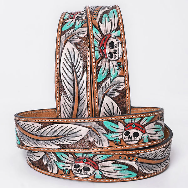 OHBTG104 American Darling Hand Tooled Leather Skull & Feather Belt