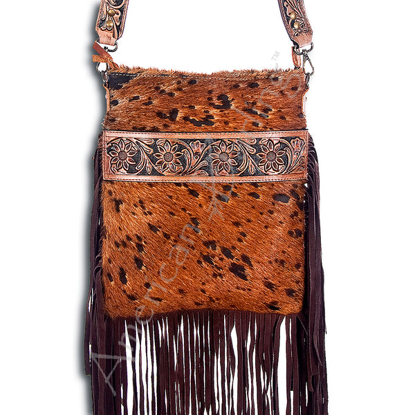 ADBGS192 Cowhide Large Crossbody Bag with Tooled Patch, Fringe & Floral Strap - Western Purse