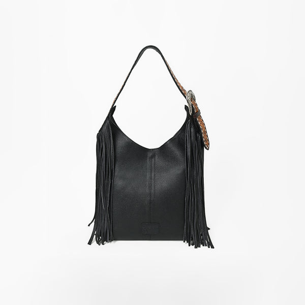 Official PRCA & NFR Licensed Collection® Tooled Leather Strap White Embroidered Graphic Fringe Shoulder Bag