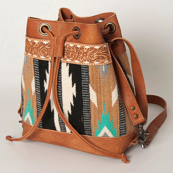 ADBG862 American Darling Hand Tooled Floral & Hand-Woven Saddle Blanket Leather Bucket Bag