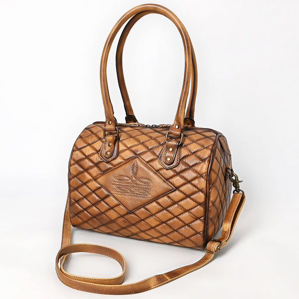 ADBGM596 Quilted Chestnut Brown Genuine Leather Barrel Duffel bag with Dual Handles & Strap