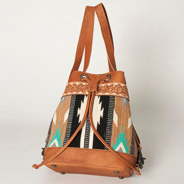 ADBG862 American Darling Hand Tooled Floral & Hand-Woven Saddle Blanket Leather Bucket Bag