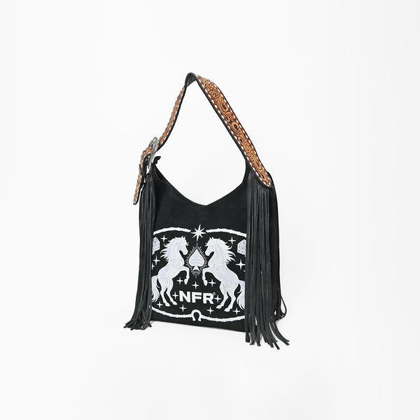 Official PRCA & NFR Licensed Collection® Floral Hand-Tooled Leather Strap Equestrian Graphic Fringe Shoulder Bag
