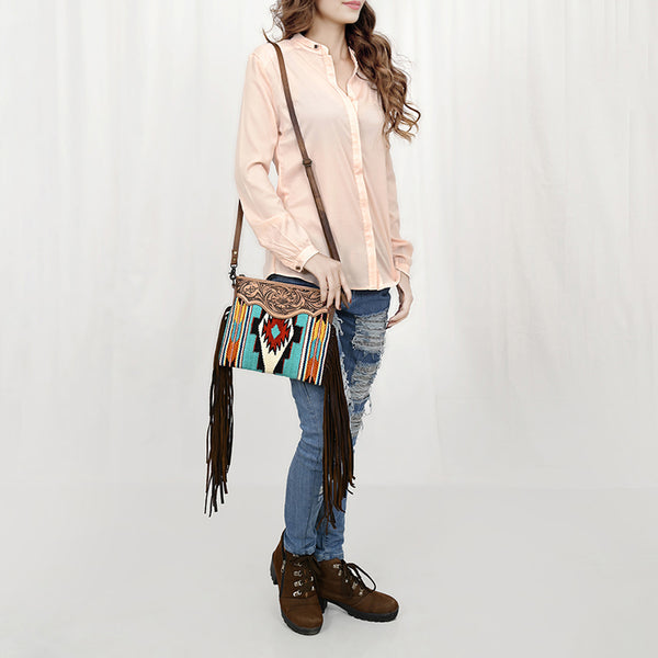 ADBG236 American Darling Woven Saddle Blanket Tooled Leather Fringe Crossbody