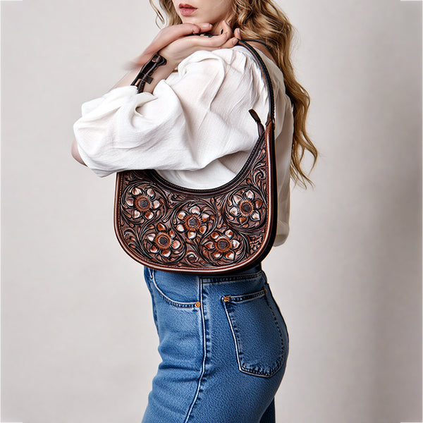 ADBG1100 American Darling Western Leather Hobo Bag with Hand-Tooled Floral Carving